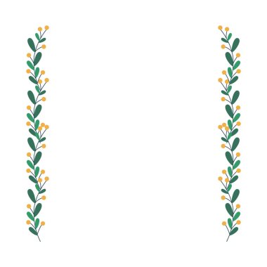 Ağaç dalı ve sarı böğürtlen yapraklı Noel çerçevesi. Düz vektör çizimi beyaz arkaplanda izole edildi.