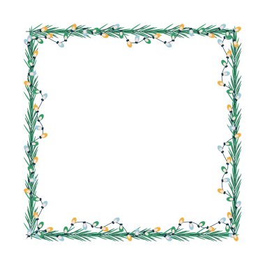 Noel çerçevesi, ampullü çelenk, ağaç dalı. Düz vektör çizimi beyaz arkaplanda izole edildi.