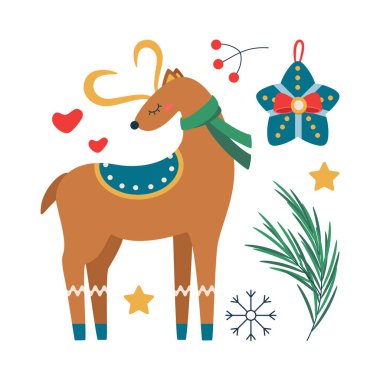 Noel oyuncakları, geyikler, ağaç dalları, kar taneleri. Düz vektör çizimi beyaz arkaplanda izole edildi.