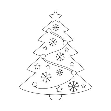Süslü Noel ağacı. Kış tatili elemanları. Düz vektör çizimi beyaz arkaplanda izole edildi.
