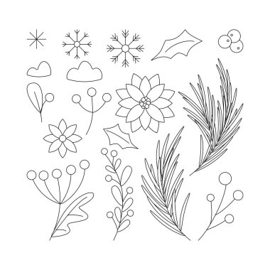 Böğürtlenli ve yapraklı bir Noel dalı seti, kırmızı çiçek, ağaç dalı. Kış tatili elemanları. Düz vektör çizimi beyaz arkaplanda izole edildi.