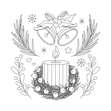 Noel oyuncağı seti, ağaç süsü, çanlar, dal, mum. Düz vektör çizimi beyaz arkaplanda izole edildi.