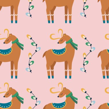 Noel desenli eşarplı geyik deseni, ampullü çelenk. Düz vektör illüstrasyonu.