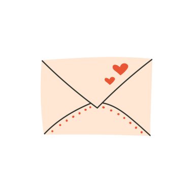 İçinde kalp olan kapalı bir zarf. Aşkın sembolü, romantizmin. Sevgililer Günü için tasarım. Düz vektör çizimi beyaz arkaplanda izole edildi.