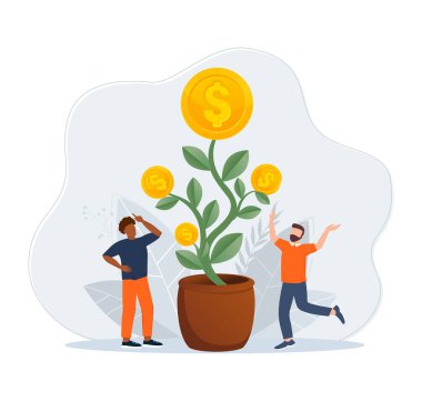 Konserve para ağacını sulayan bir el. Finansal büyüme kavramı. Vektörel illüstrasyon.