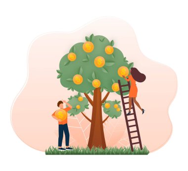 Bozuk paralarla ağaç yetiştirmek. İş yatırımı karı düz vektör çizimi. Vektör illüstrasyonu.