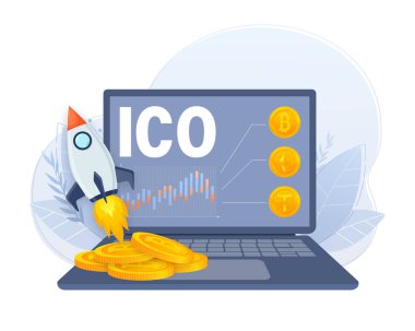 İlk madeni para teklifi, ICO üretim süreci vektör illüstrasyonu. Kripto para birimi ticaret masası, bitcoin gelecekleri, finansal teknoloji, engelleme zinciri ICO soyut metaforu