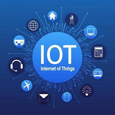 IOT. Internet of things, devices and connectivity concepts on a network. Spider web of network connections. Vector illustrations.