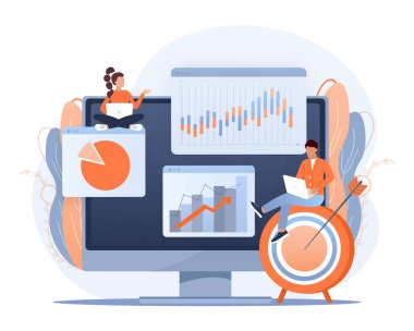 Focus group concept. Businesspeople driving arrow to goal. Business concept. Vector illustration.