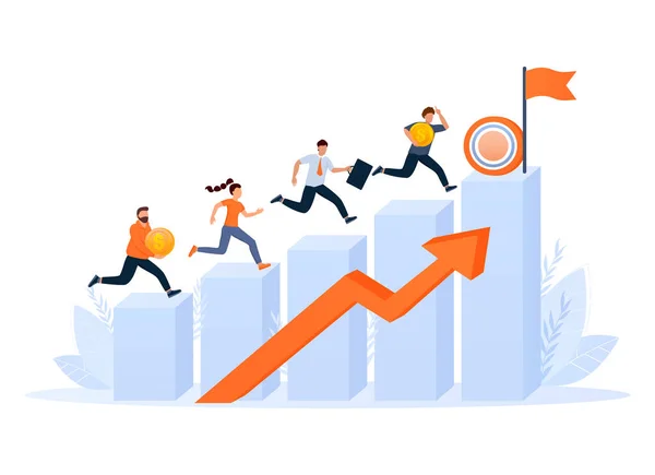 Stock vector Business team walking success ladder or steps banner, web page. Flat design concept of business analysis and planning, increase profits, business growth.