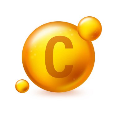 C vitamini, parlak hap kapsülü ikonu. Beyaz izole edilmiş arkaplan üzerindeki hap kapsül vektör resimlemesi.