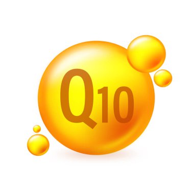 Vitamin Q10 altın parlayan hap ikonu. Beyaz izole edilmiş arkaplan üzerindeki hap kapsül vektör resimlemesi.