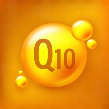 Vitamin Q10 altın parlayan hap ikonu. Sarı izole edilmiş arkaplan üzerindeki hap kapsül vektör resimlemesi.