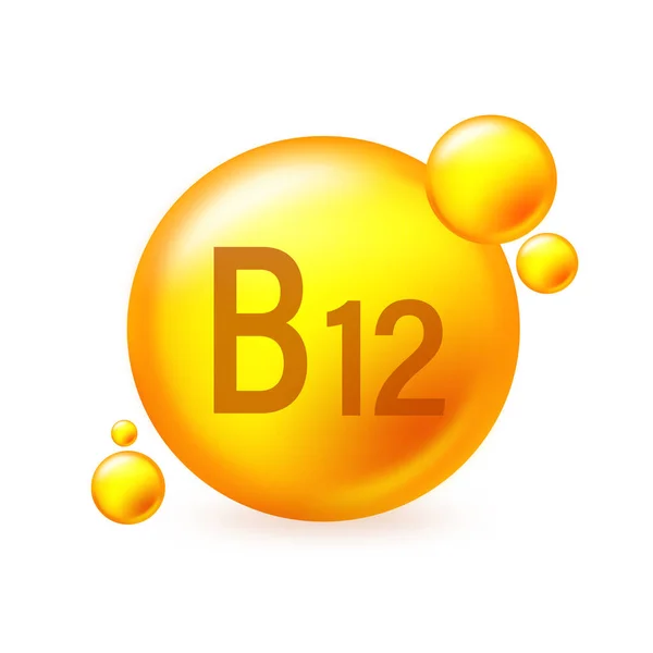 Vitamina B12 Oro Brillante Icono Cápsula Píldora Píldora Cápsula Vector — Vector de stock