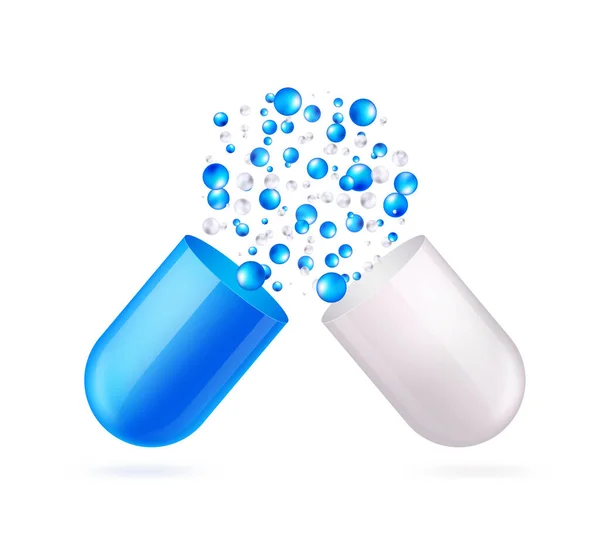 Άνοιγμα Χάπι Κάψουλα Πτώση Έξω Μπλε Και Γκρι Μόρια Ρεαλιστικό — Διανυσματικό Αρχείο