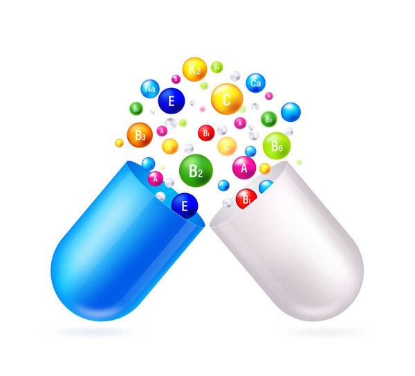 Open capsule pill with falling out colored molecules in realistic style isolated on transparent background.