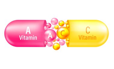 Vitamin kompleksi A ve C. Sarı kapsül ve beyaz zemin üzerinde A ve C vitamini olan pembe kapsül. Vektör illüstrasyonu