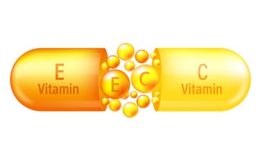 A ve E vitamini kompleksi. Beyaz arka planda A ve E vitamini içeren sarı kapsül. Vektör illüstrasyonu