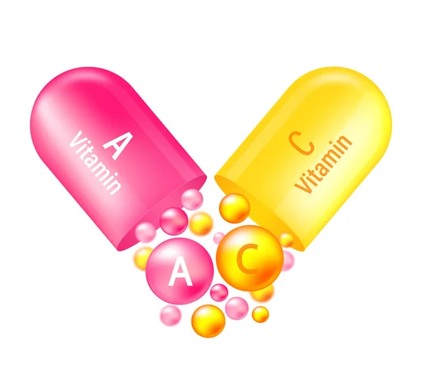 stock vector Vitamin complex A and C. Yelllow capsule and pink one with vitamin A and C on white background. Vector illustration