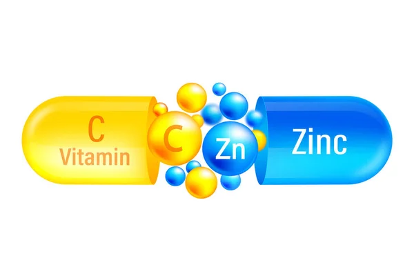 Vitamin Kompleksi Zink Vitamini Sarı Kapsül Mavi Beyaz Arka Planda — Stok Vektör