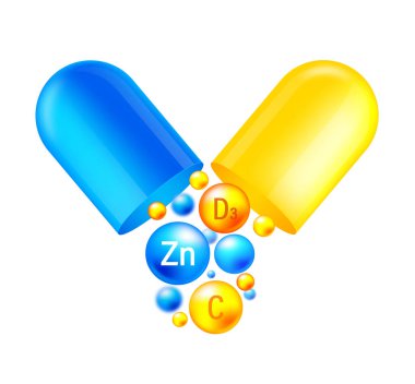 Vitamin kompleksi zink, D3 ve C vitamini kapsülü D3 ve C vitamini ve beyaz zink minerali. Vektör illüstrasyonu