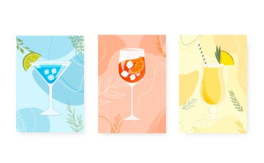 Kokteyl illüstrasyonlarının basılabilir posterleri. Mavi lagün, aperol spritz ve pina colada.