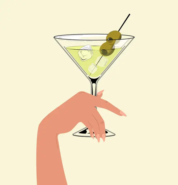 Vidro Martini Com Azeitonas Coquetel Álcool Desenhado Mão Com Mão Vetores De Stock Royalty-Free