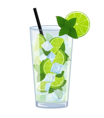 İçmek için tüplü bir bardakta mojito. Limonata ferahlatıcı içecek beyaz arka planda izole