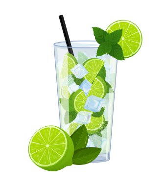 İçmek için tüplü bir bardakta mojito. Limonata ferahlatıcı içecek beyaz arka planda izole