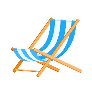 Tahta plaj sandalyesi çizgili mavi tuval ile yaz tatilinde dinlenmek için.