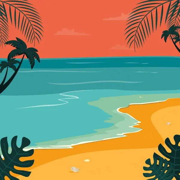 Gün batımında palmiye ağaçları ve turkuaz suyla sakin bir tropikal plaj sahnesi sunan minimalist vektör çizimi