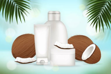 Hindistan cevizi dilimleri ve Hindistan cevizi bazlı cilt bakım ürünlerini destekleyen palmiye yapraklarıyla gerçekçi kozmetik şişeleri ve kavanozlar.