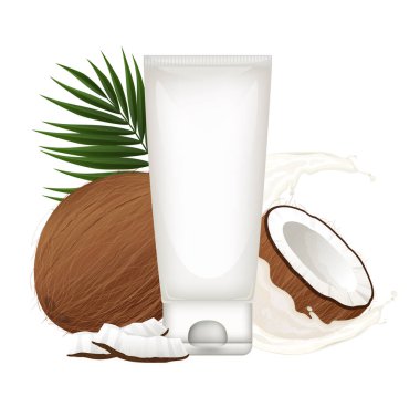 Hindistan cevizi sütü, hindistan cevizi meyvesi ve palmiye yaprağı karışımı organik cilt bakımını ve saç bakım ürünlerini destekleyen beyaz kozmetik tüp.