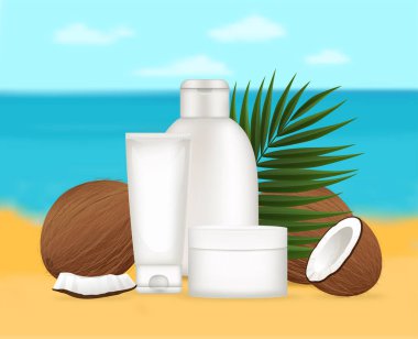 Kozmetik şişeleri ve hindistan cevizleri kumlu bir plajda yatıyordu. Arka planda deniz vardı. Yaz güzellik ürünlerini tanıtıyordu.