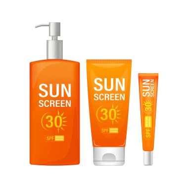 Beyaz arka planda izole edilmiş, uva ve uvb güneş koruma faktörü 30 'u güvence altına alan güneş kremi kapları