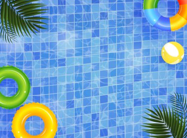 Yaz havuzu partisi arka planı şişirilebilir halkalar, plaj topu ve mozaik su yüzeyinde yüzen palmiye yaprakları.