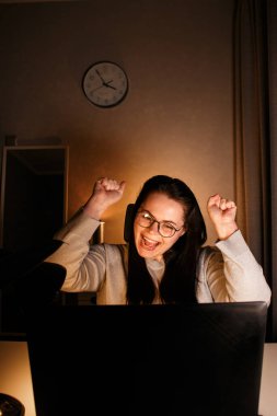 Genç iş kadını bilgisayar ekranına bakıyor ve küçük işletmesinin ilk satışlarını görüyor. Dizüstü bilgisayarı olan heyecanlı ve mutlu bir beyaz kadın. Ürün satan yeni girişimci