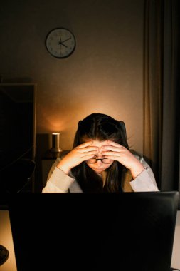 Çalışkan bir kadın evindeki bilgisayarla çalışıyor ve iş problemlerini çözmeye çalışıyor. Umutsuzluğa kapılmış ve iş sorunları yüzünden tükenmiş.