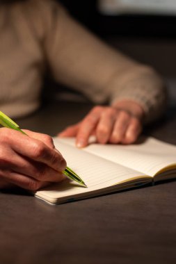 Günlüğe kişisel düşünceler yazan el yazısının ılık tonlu görüntüsü. Sıcak atmosfer için bulanık arkaplan