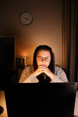 Evde dizüstü bilgisayarla çalışan genç serbest muhasebeci. İşletme finansmanını yönetiyorum. Gelir ve masraflar hesaplanıyor. Sürece odaklanılıyor