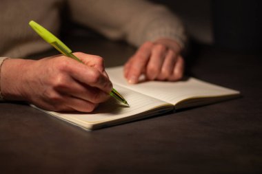Kişisel günlüğe bir şeyler yazan bir kadının görüntüsünü kapat. Psikolojik konsept. Tüm düşünceleri kağıda döküyorum.