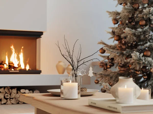 クリスマスツリーと暖炉バックドロップでエレガントなホリデーテーブル設定 3Dイラスト — ストック写真