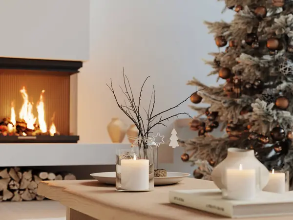 クリスマスツリーと暖炉バックドロップでエレガントなホリデーテーブル設定 3Dイラスト ストック写真