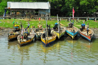 Pasuruan, Endonezya - 21 Şubat 2011: Endonezya 'nın Pasuruan kenti yakınlarındaki nehir kıyısına park etmiş bir grup balıkçı teknesi