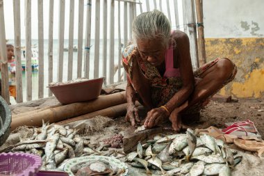 Problinggo, Endonezya - 30 Kasım 2014: Gili adalarında balıkçılar tarafından yakalanan balık yüzen yaşlı bir kadının portresi