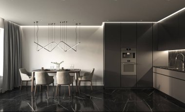 Beyaz duvarları, mermer döşemeleri olan modern koyu renk mutfak. Sandalyeli çağdaş masa. 3D görüntüleme. Yüksek kalite 3d illüstrasyon.