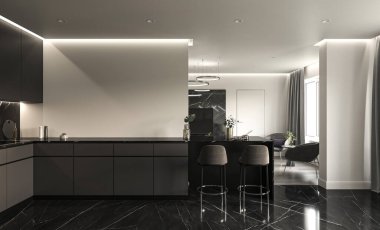 Beyaz duvarları, mermer döşemeleri olan modern koyu renk mutfak. Sandalyeli çağdaş masa. 3D görüntüleme. Yüksek kalite 3d illüstrasyon.
