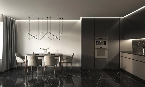 Intérieur Moderne Cuisine Sombre Avec Murs Blancs Sol Carrelage Marbre — Photo