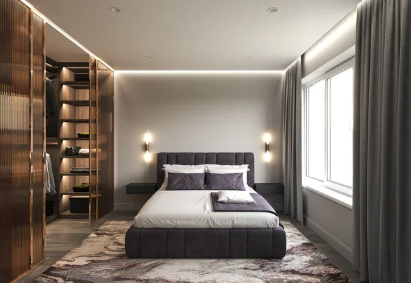 Yatak Odasının Içi Koyu Renk Çarşaflarla Kaplı Aydınlatma Ahşap Zeminli — Stok fotoğraf