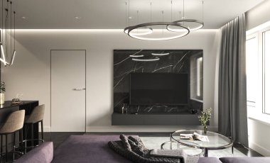 Modern karanlık oturma odasında mor kanepeli boş bir televizyon ekranı. Ön görünüm en az modern iç plan. Boş görüntü şablonunu düzenle. Yüksek kalite 3d görüntüleme.